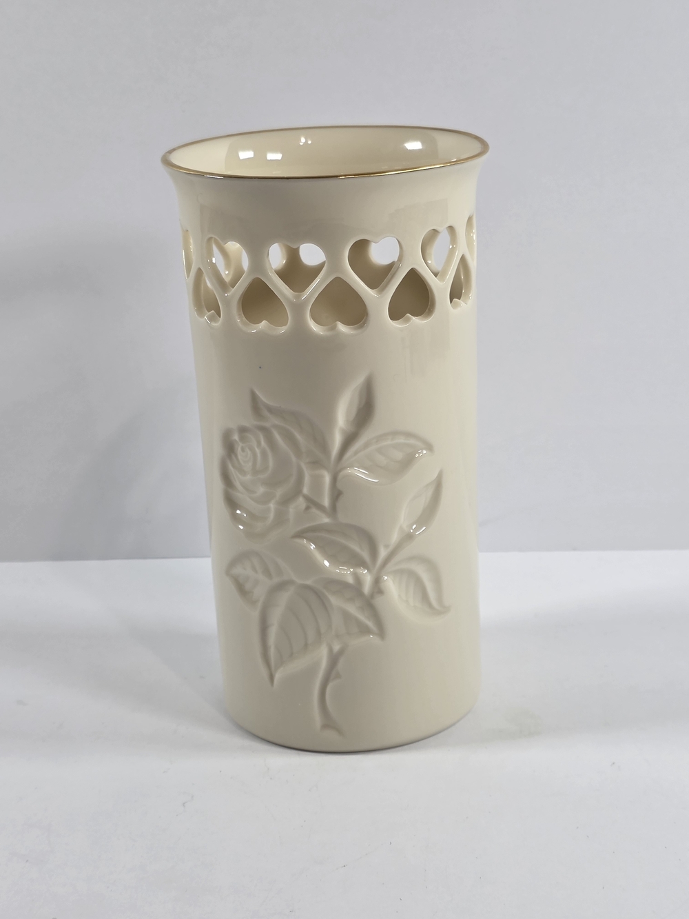 Lenox China Heart Vase Ivory Porcelain Pierced Hearts Rose 24K Gold Trim USA